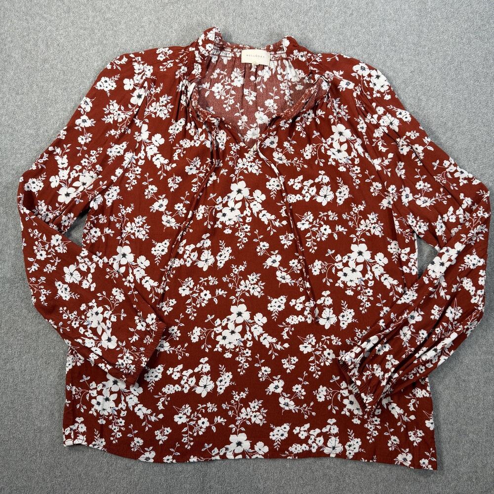 Melloday Women's Large Floral Ruffle Tie Neck Long Sleeve Blouse Top Rust White